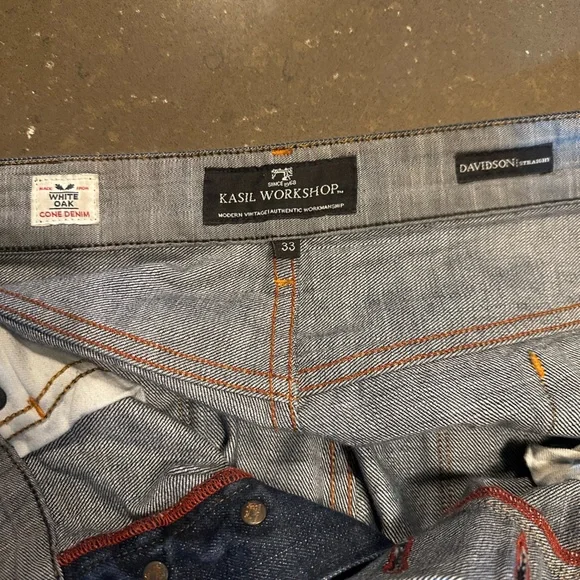 Kasil workshop Davison straight leg, modern vintage blue denim jeans 33 x 34